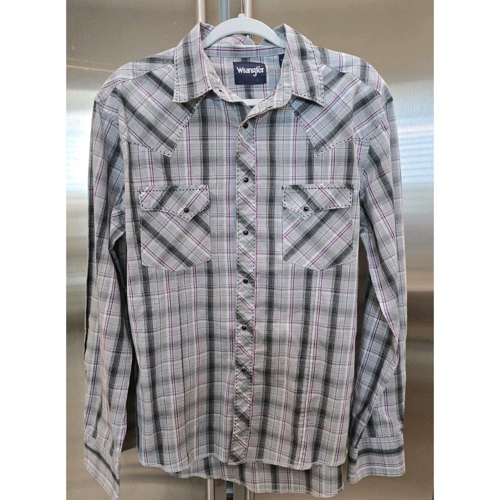 Wrangler Men's Black Snap Long Sleeve Western Gray Plaid Shirt Cowboy SZ L #1087